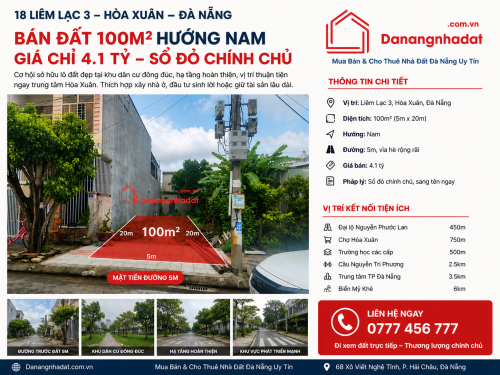 Bán đất Liêm Lạc 3 Hòa Xuân giá rẻ 4.1 tỷ – 100m2 hướng Nam, cơ hội đầu tư tốt nhất Hòa Xuân